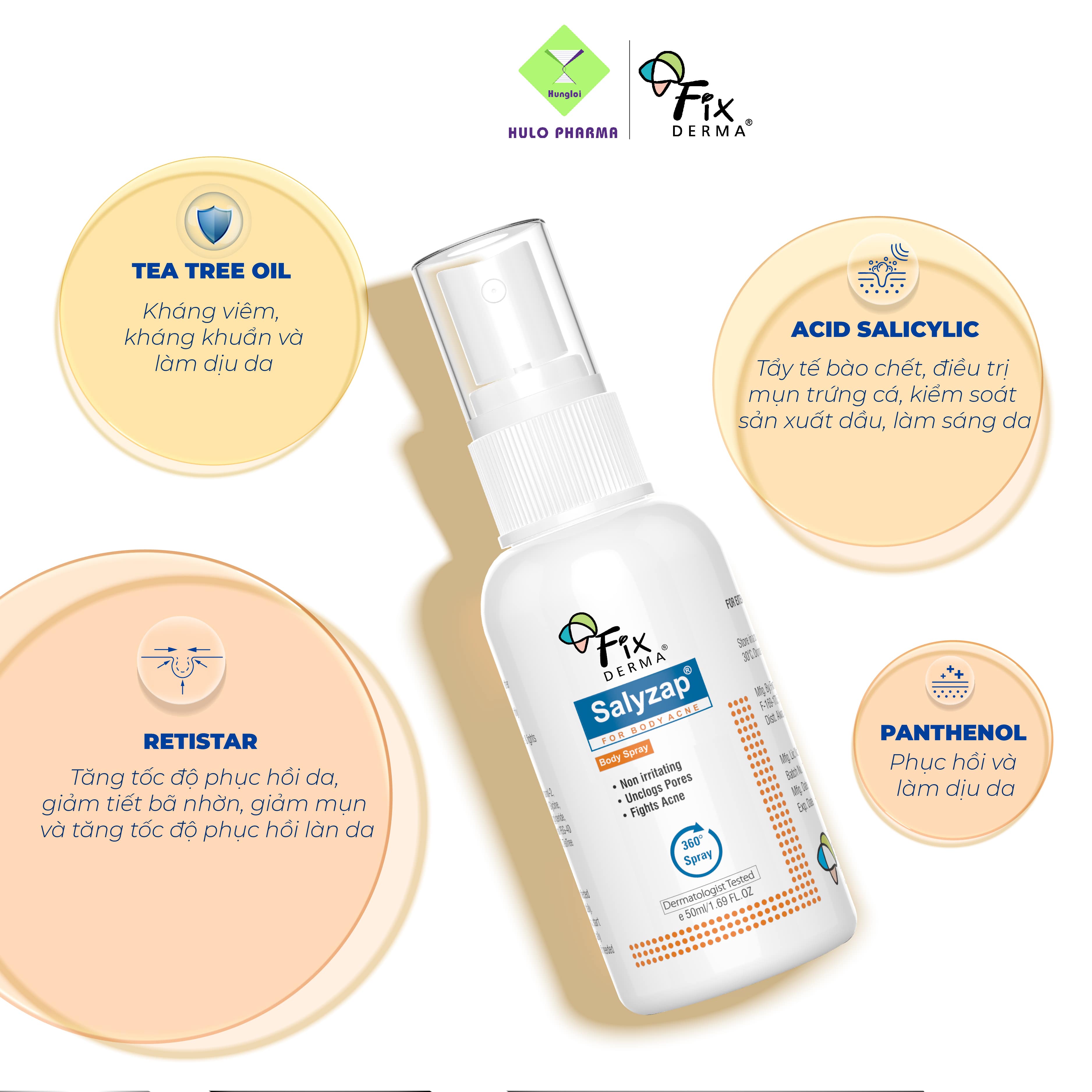 Xịt Mụn Lưng FIXDERMA Salyzap For Body Spray Ngừa Mụn, Giảm Viêm, Ngăn Dày Sừng Nang Lông Giúp Da Sáng Mịn, Giảm Thâm Mụn 50ml