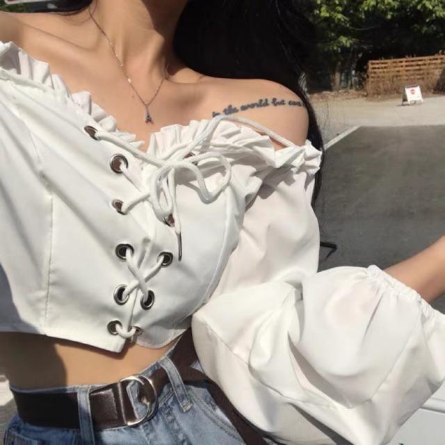 Áo trễ vai đan dây phong cách Ulzzang Hàn Quốc