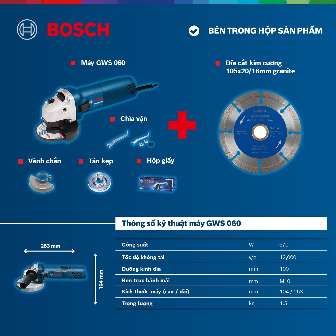 Combo Máy mài góc Bosch GWS 060 và Đĩa cắt kim cương 105x20/16mm granite