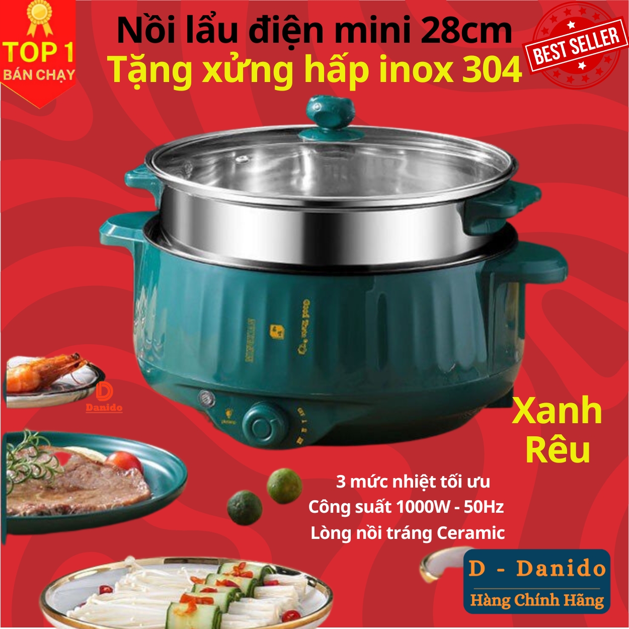 Nồi lẩu điện đa năng 28cm CỠ TO, chống dính vân đá cao cấp công suất 1000W tiện dụng 3 nấc nhiệt kèm giá hấp inox 304 - Hàng chính hãng D Danido – Logo ngẫu nhiên