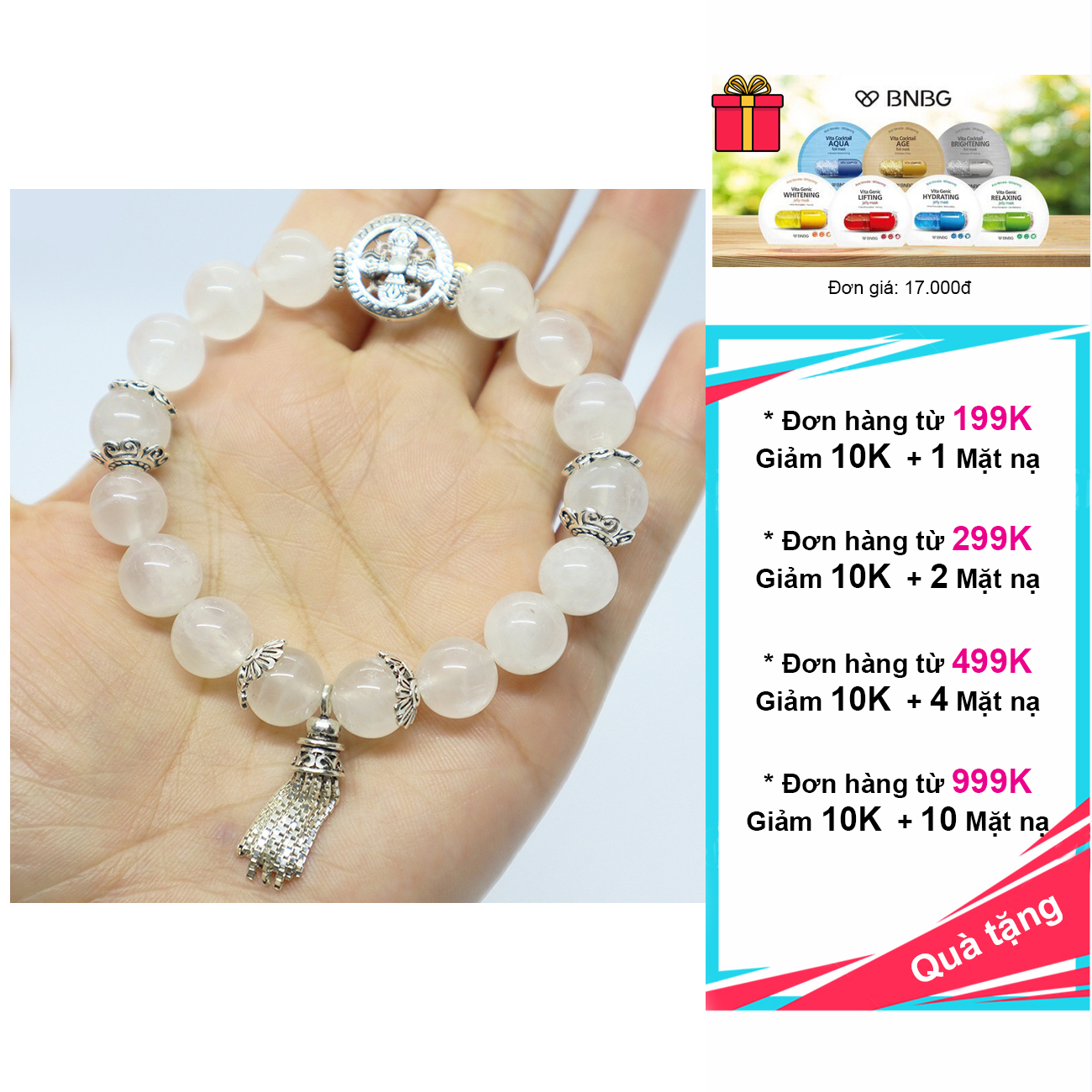 Vòng đá mặt trăng 10mm charm bạc 925 cao cấp