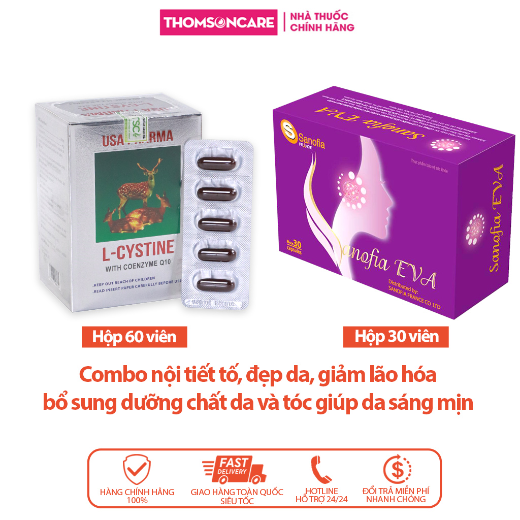 Combo Viên uống nội tiết tố  Lcystine 60 viên và Sanofia Eva tím 30 viên, giúp tóc chắc khỏe, sáng da , làm chậm quá trình lão hóa da và tăng tính đàn hồi cho da- Thomsoncare