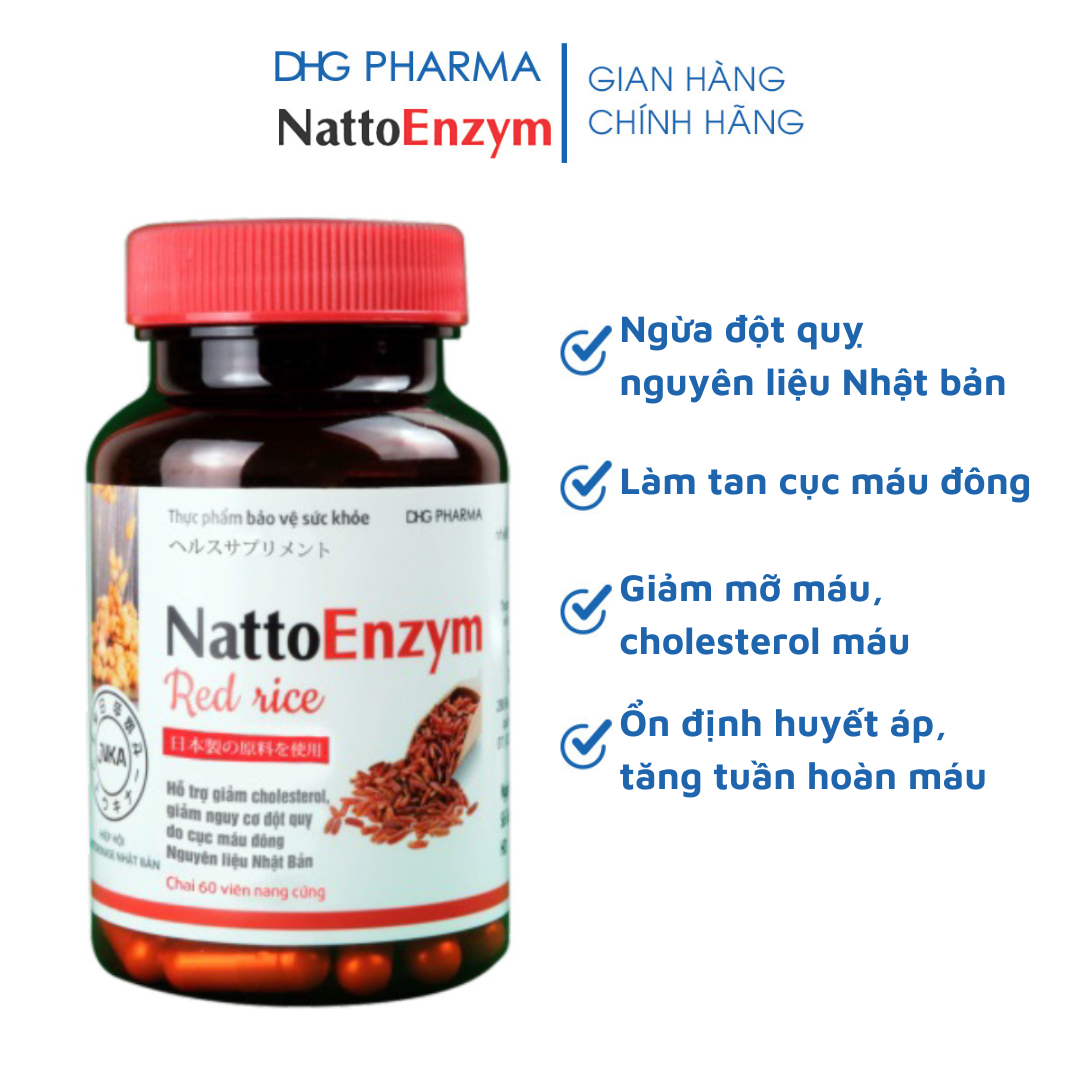 Combo 2 chai TPCN NattoEnzym Red Rice hỗ trợ giảm cholesterol, giảm nguy cơ tắc mạnh đột quỵ 1 chai x 60 viên - Chính hãng DHG Pharma