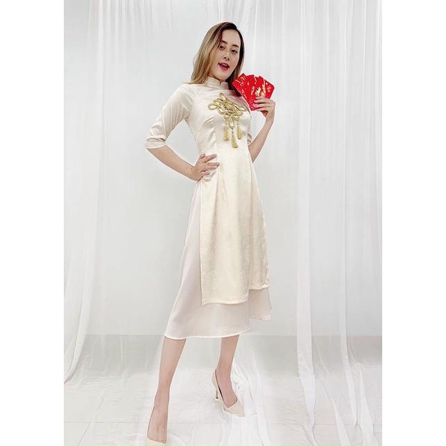 Áo Dài Cách Tân Diện Tết Vải Lụa Gấm có Họa Tiết , Có Big Size