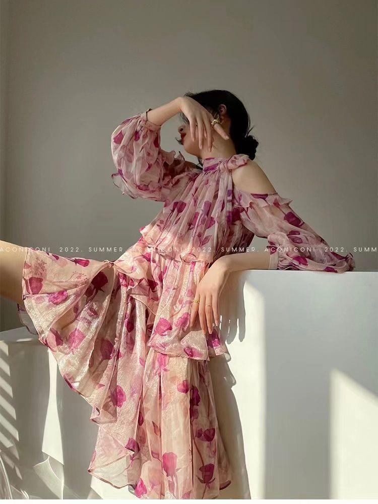 CHENGRUI 2023 Mùa hè Pháp Tea Break Dress hoa ngọt ngào nghỉ mát gió đèn lồng tay áo đầm cổ tích nhỏ