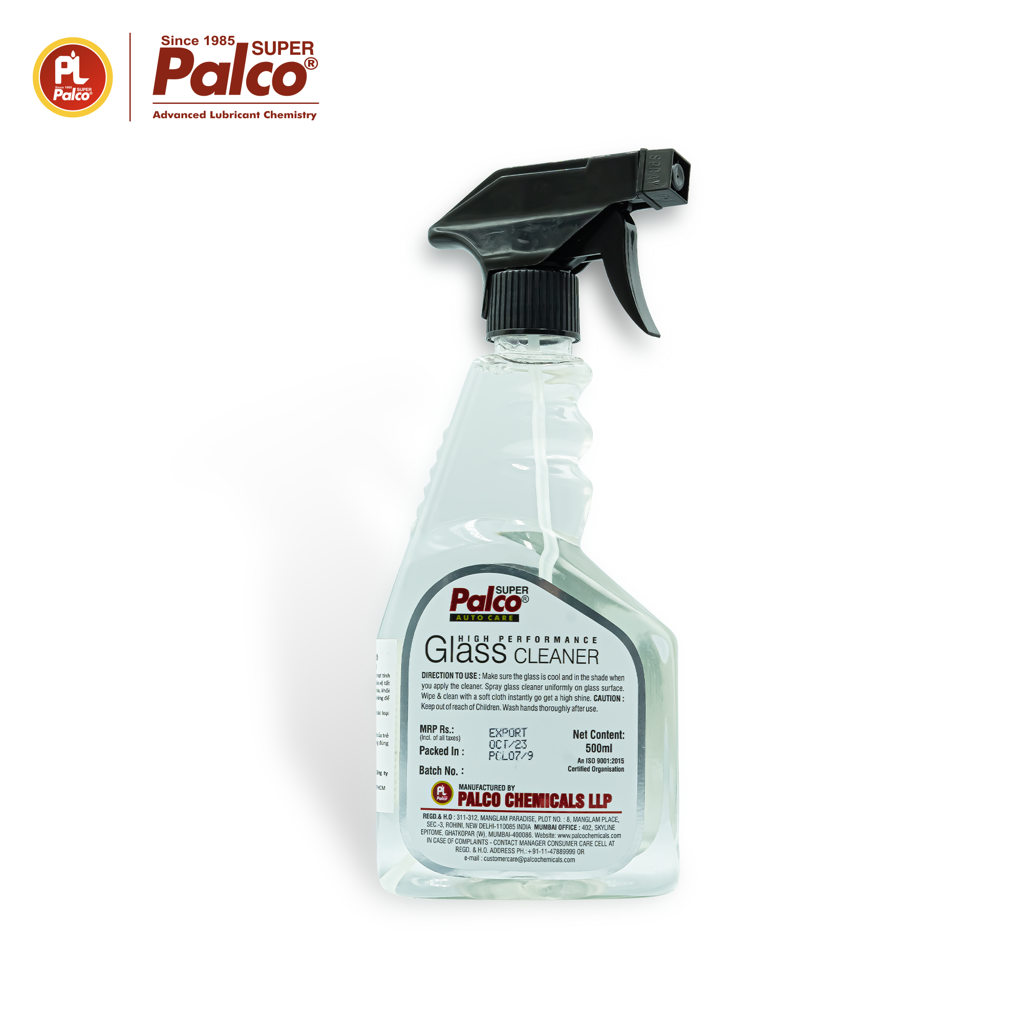 Nước rửa kính ô tô siêu sạch PALCO Glass Cleaner - Chai xịt rửa kính xe hơi 500ml đa năng nhập khẩu Ấn Độ