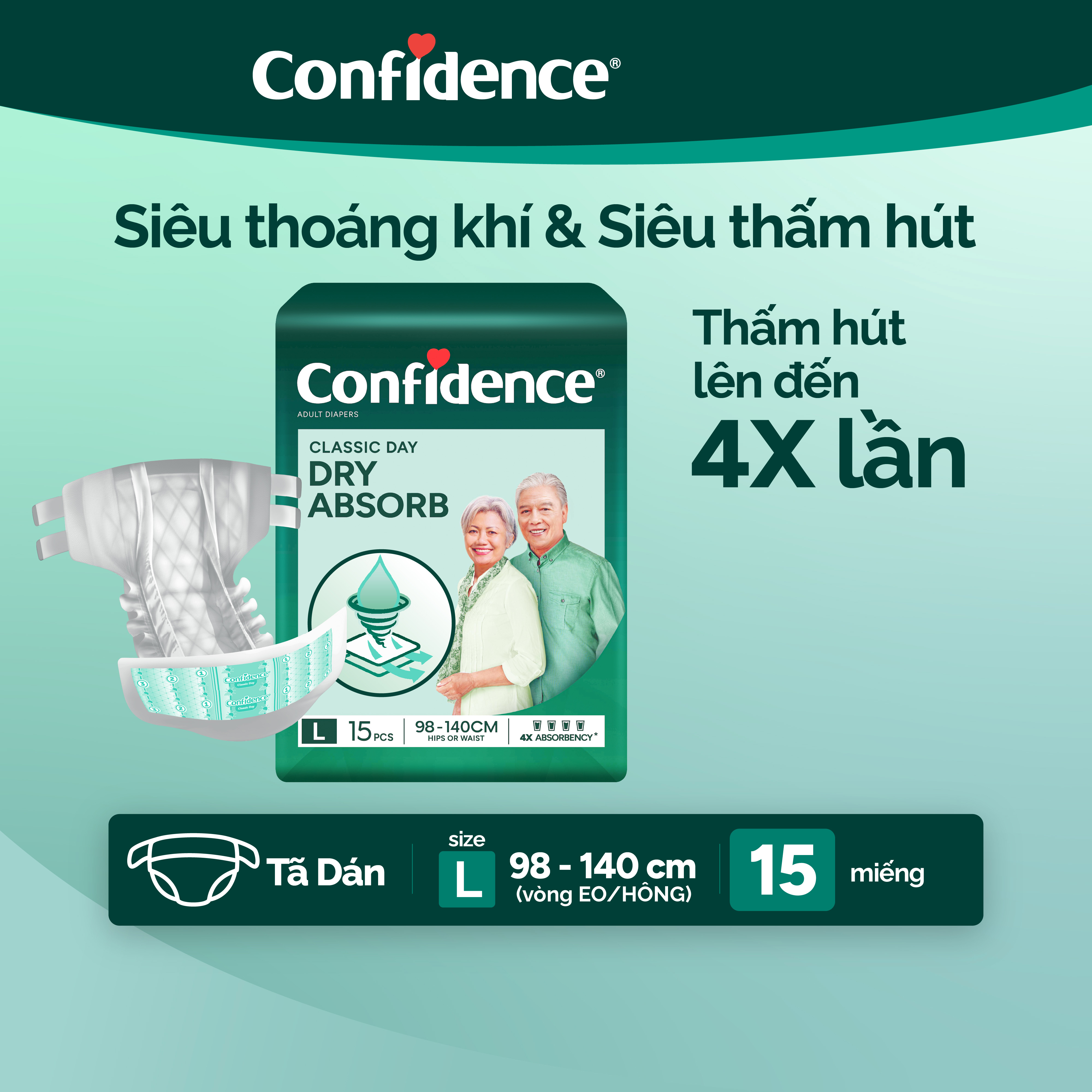 Tã dán Người Lớn Confidence Classic Day size L15 (15 miếng)