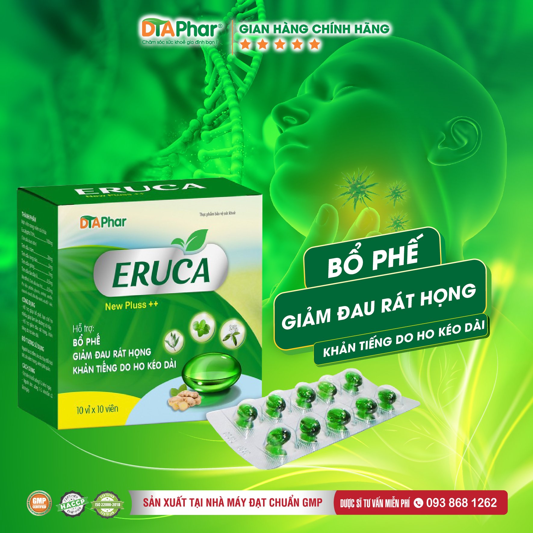 Viên uống ERUCA New Pluss ++ Hỗ trợ bổ phế giảm đau họng khản tiếng do ho kéo dài Hộp 100 viên