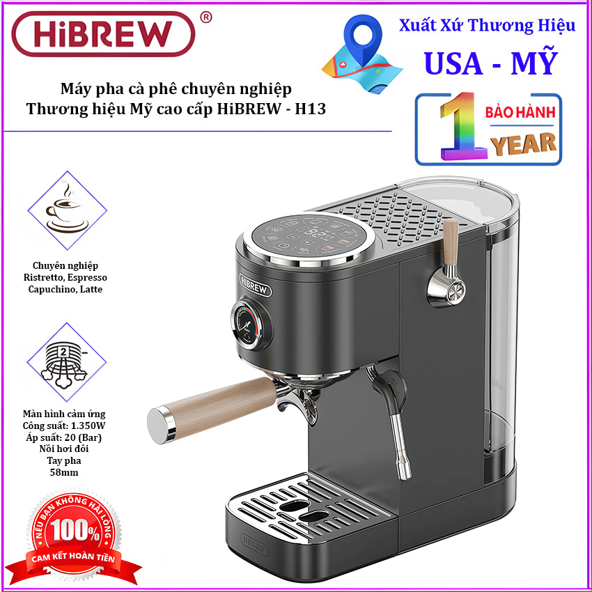 Máy pha cà phê Cappuccino, Ristretto, Espresso, Latte chuyên nghiệp. Thương hiệu Mỹ cao cấp HiBREW - H13. Hàng chính hãng