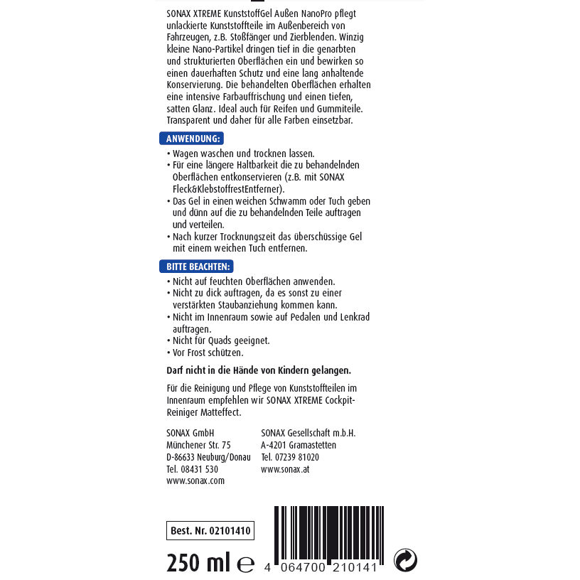 Tuýp Gel Xtreme Bảo Vệ Bề Mặt Nhựa Sần Ngoài Xe SONAX XTREME PlasticRestore Gel 210141