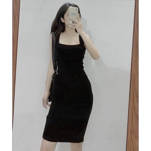 Đầm Váy Body Sexy Đầm Dáng Ôm 2 Dây Hở Lưng Dự Tiệc Màu Đen Chất Len Tăm - Quynhanhpuka