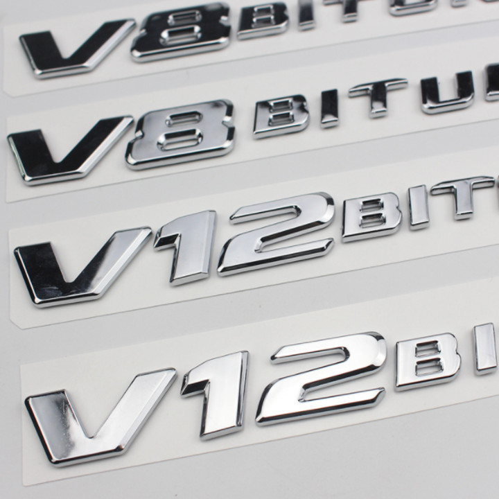 Decal tem chữ V12-Biturbo dán hông xe ô tô - Chất liệu nhựa ABS cao cấp được mạ Crom - Kích thước: 20x2.3cm - 2 màu: Đen và Bạc