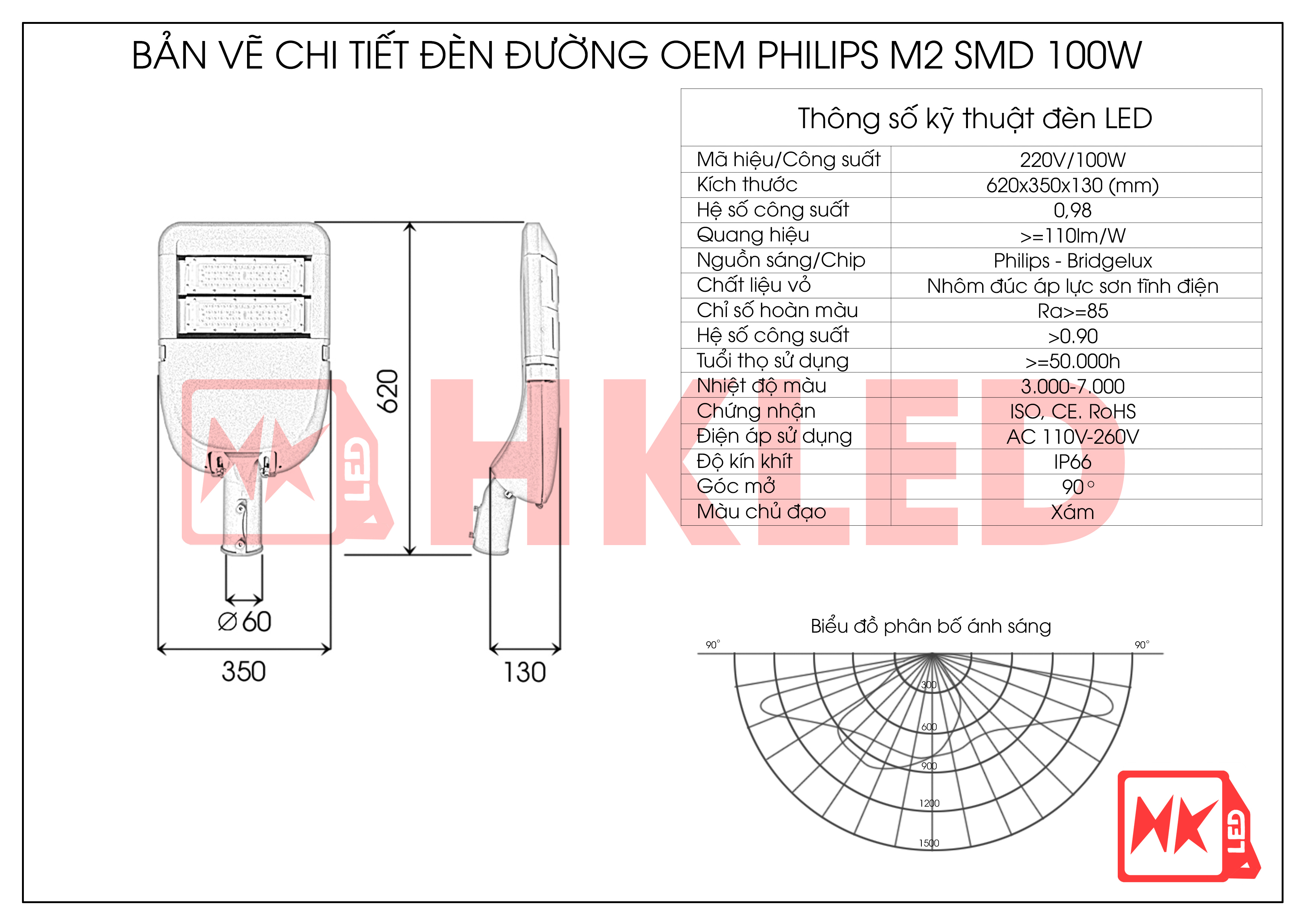 HKLED - Đèn đường phố OEM Philips Module M2 Driver DONE công suất 100W - DDM02M100