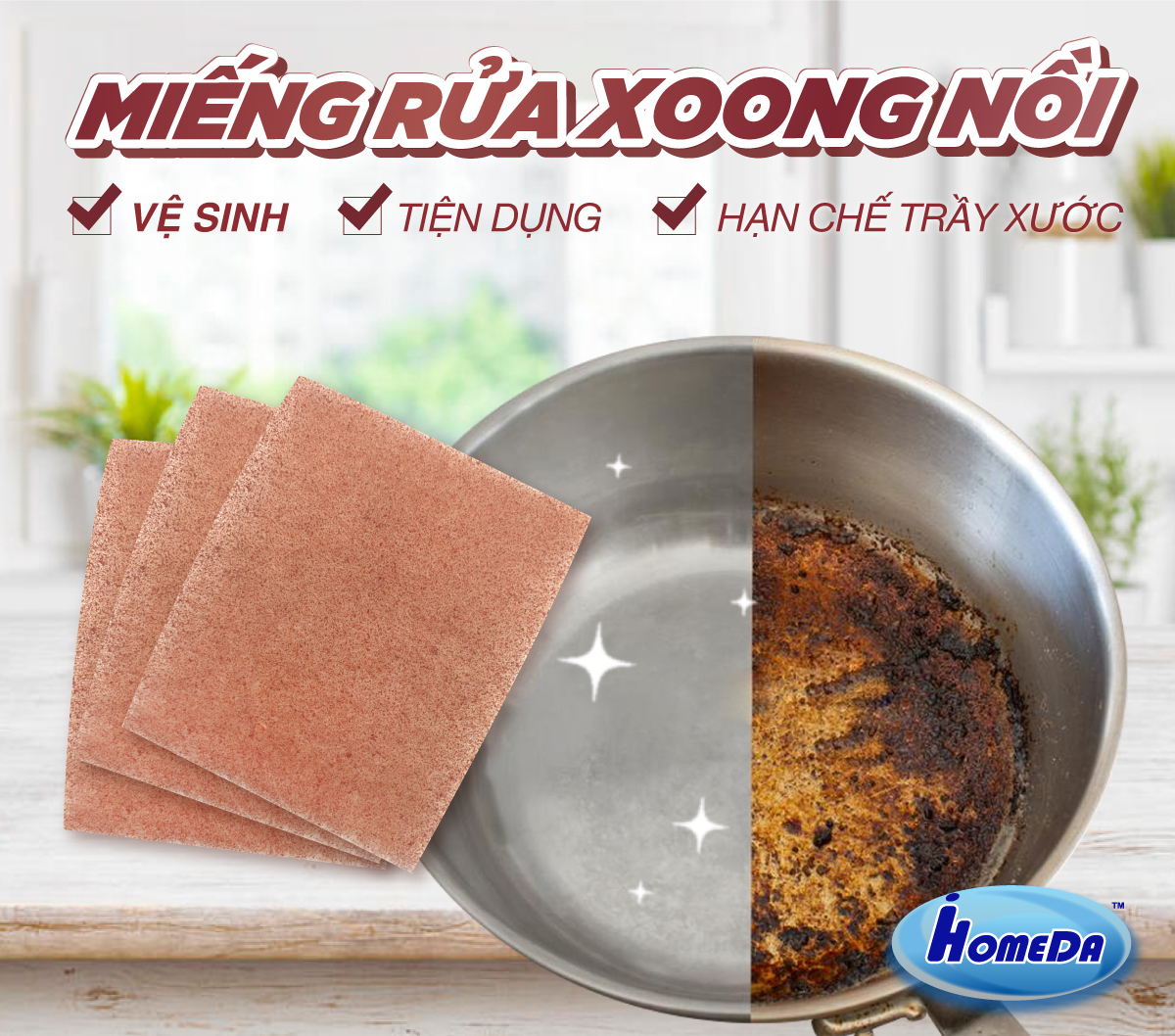 Combo 7 Gói miếng rửa chén linh hoạt iHomeda + 5 Gói miếng chùi nồi iHomeda TẶNG tay cầm tiện dụng