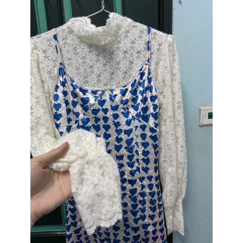 Set áo ren và váy 2 dây sắc màu xanh QC