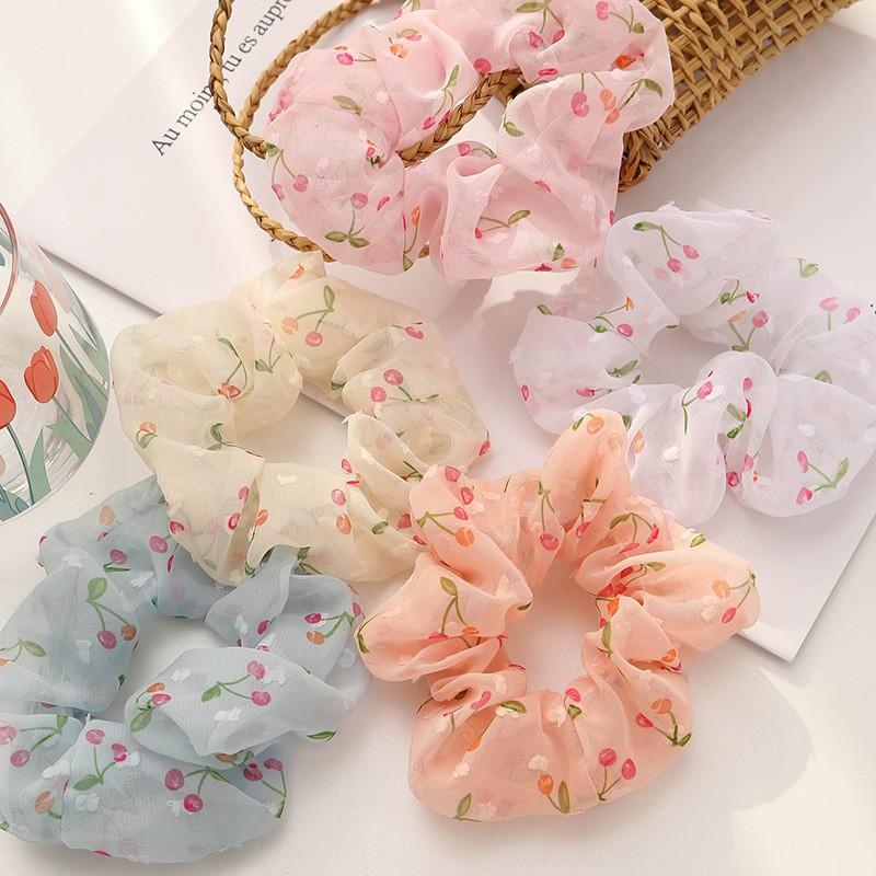 Dây buộc tóc scrunchies đeo tay cherry nhiều màu