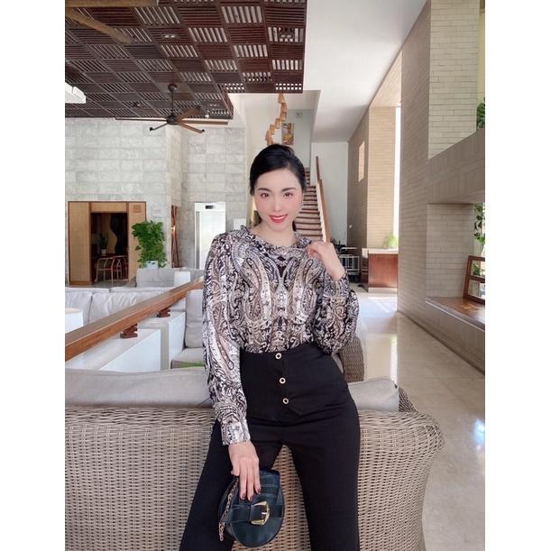 Set nữ bộ quần dài ống loe áo tằm họa tiết