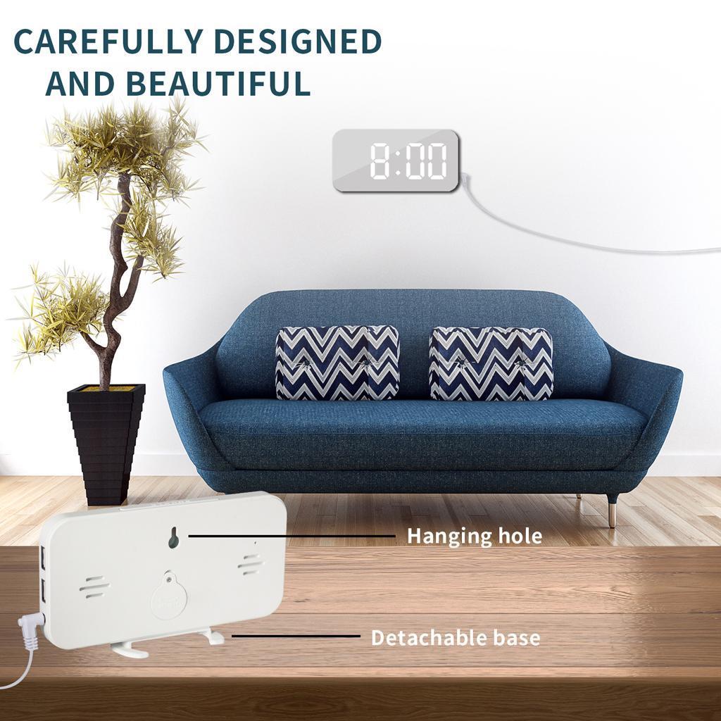 Digital Alarm Clock Portable Mirror Surface Snooze Clock USB Charging White