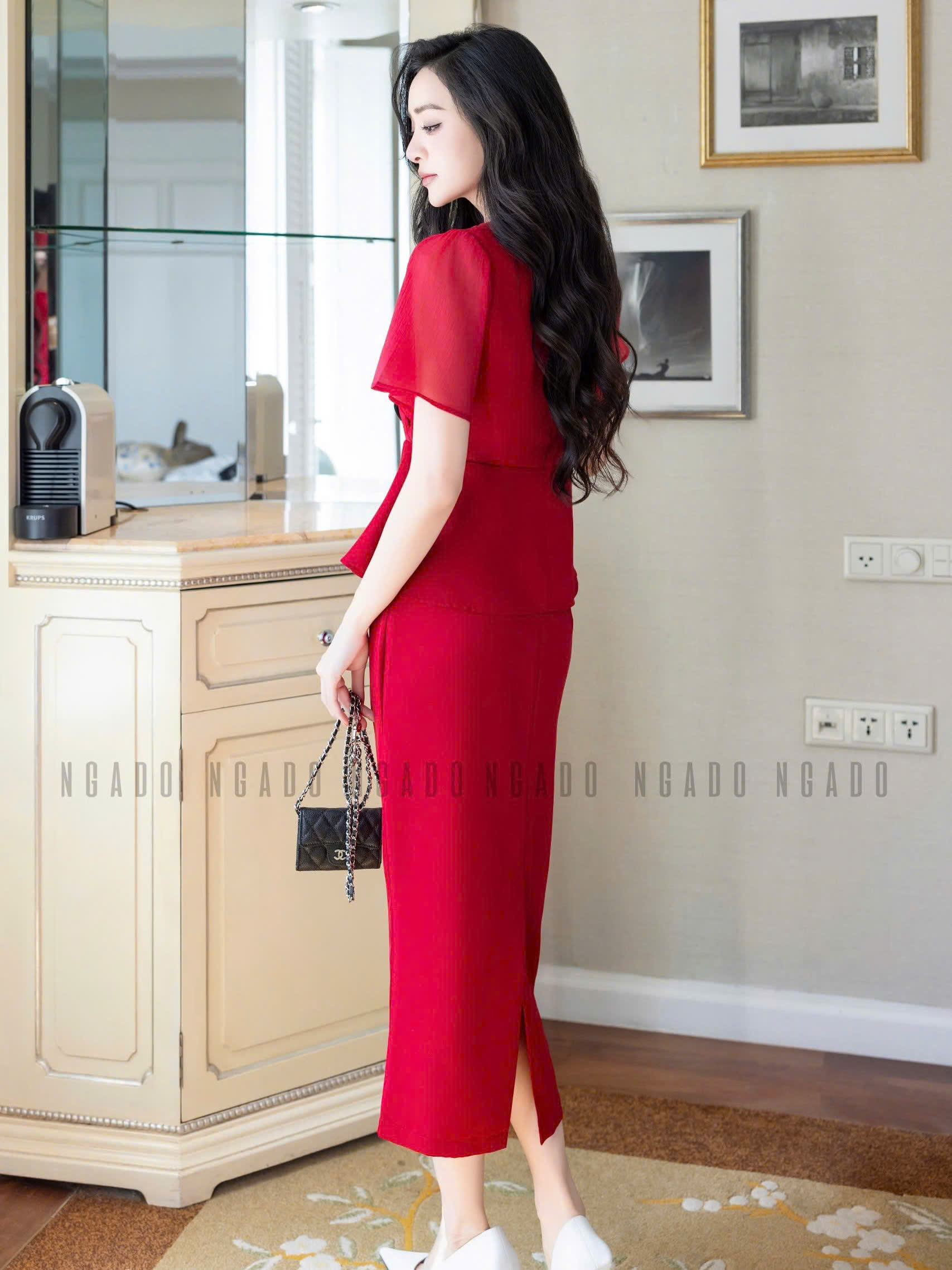 Set áo váy đỏ cổ tim NGADO , Set đồ nữ , Set áo váy thiết kế