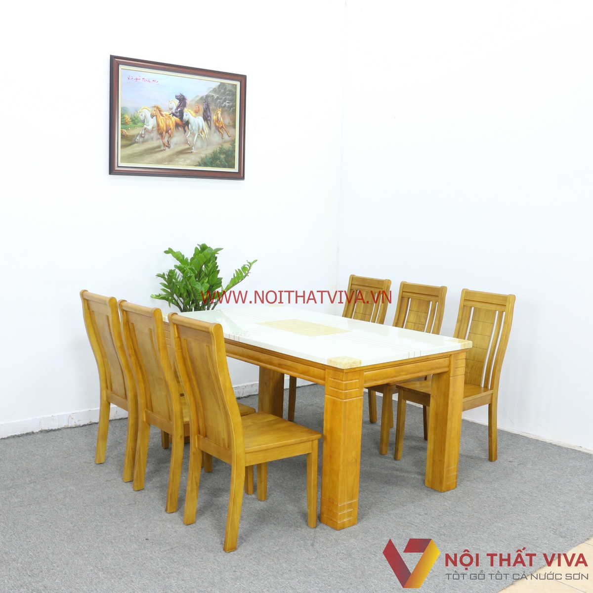 Bộ Bàn Ăn 6 Ghế Gỗ Xoan Mặt Đá Cẩm Thạch Cao Cấp Màu Vàng Mờ Hiện Đại