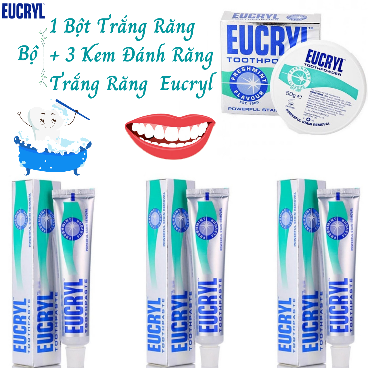 Bộ 1 Bột Trắng Răng (50g) +3 Kem Đánh Răng Trắng Răng (62g) Eucryl Nhập Khẩu Anh Quốc Giúp Răng Trắng Sáng Bền Lâu