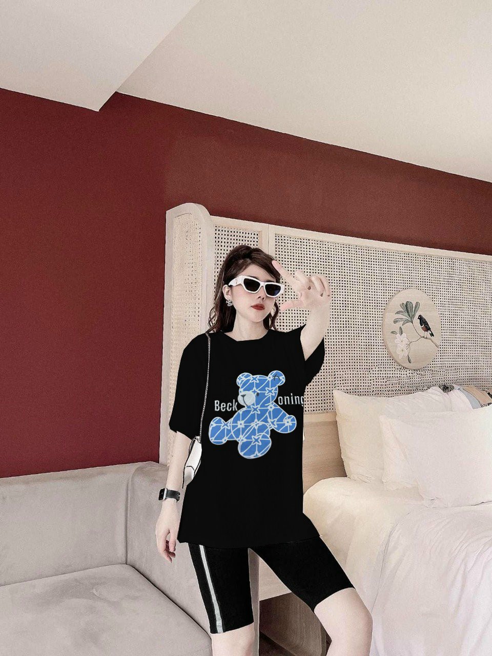 [FREESHIP]Đồ bộ đùi ngố áo thun cotton form rộng logo gấu xanh thêu quần ôm viền kim tuyến