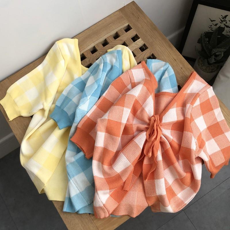 Áo Dệt Kim Nữ Ngắn Tay Cổ Chữ V Thời Trang Hàn