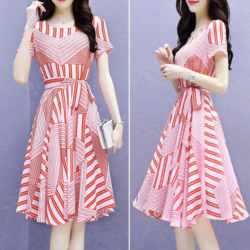 Đầm Xòe Sọc Đỏ Thắt Nơ Eo - Size M