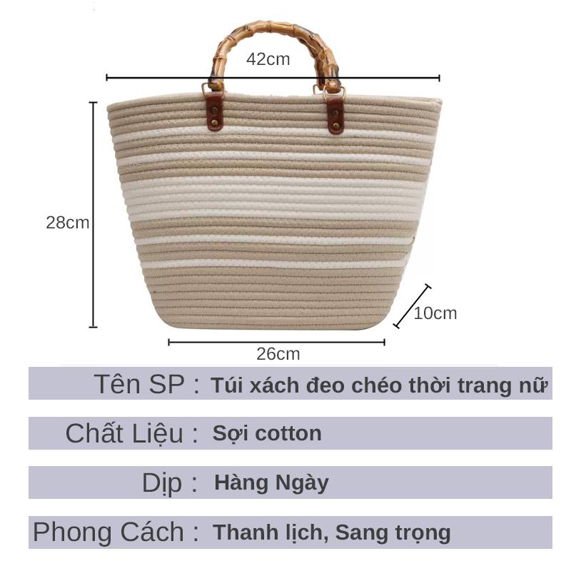 Túi xách tay tote nữ cotton dệt tay cầm tre du lịch đi biển cỡ lớn phong cách thời trang vintage TX35