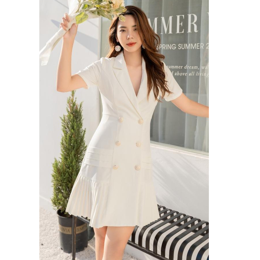 Đầm cổ vét phối dập li sang trọng D062- Lady Fashion