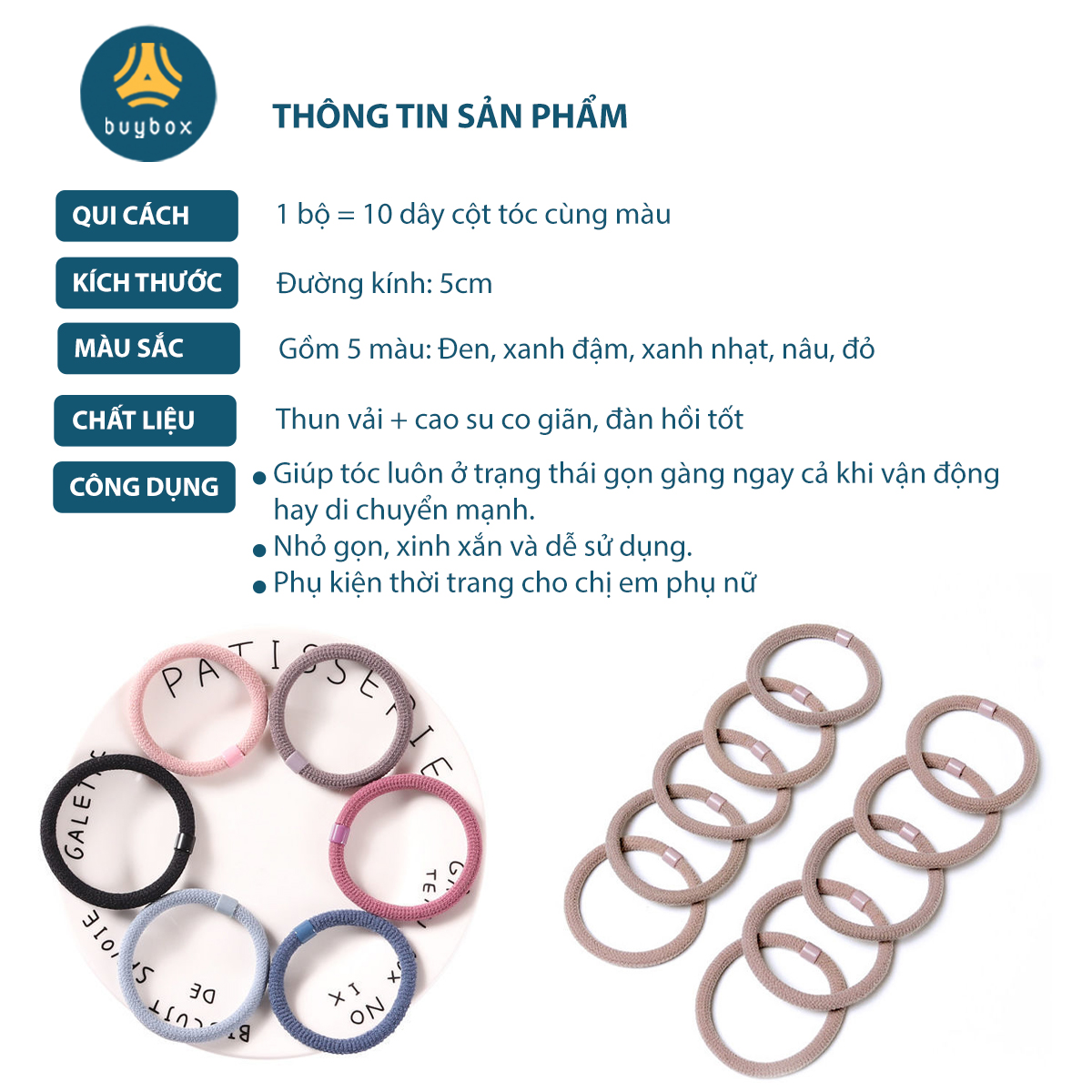 Bộ 10 sợi thun buộc tóc loại dày, không gây gãy rụng tóc khi sử dụng - BuyBox- BBPK265