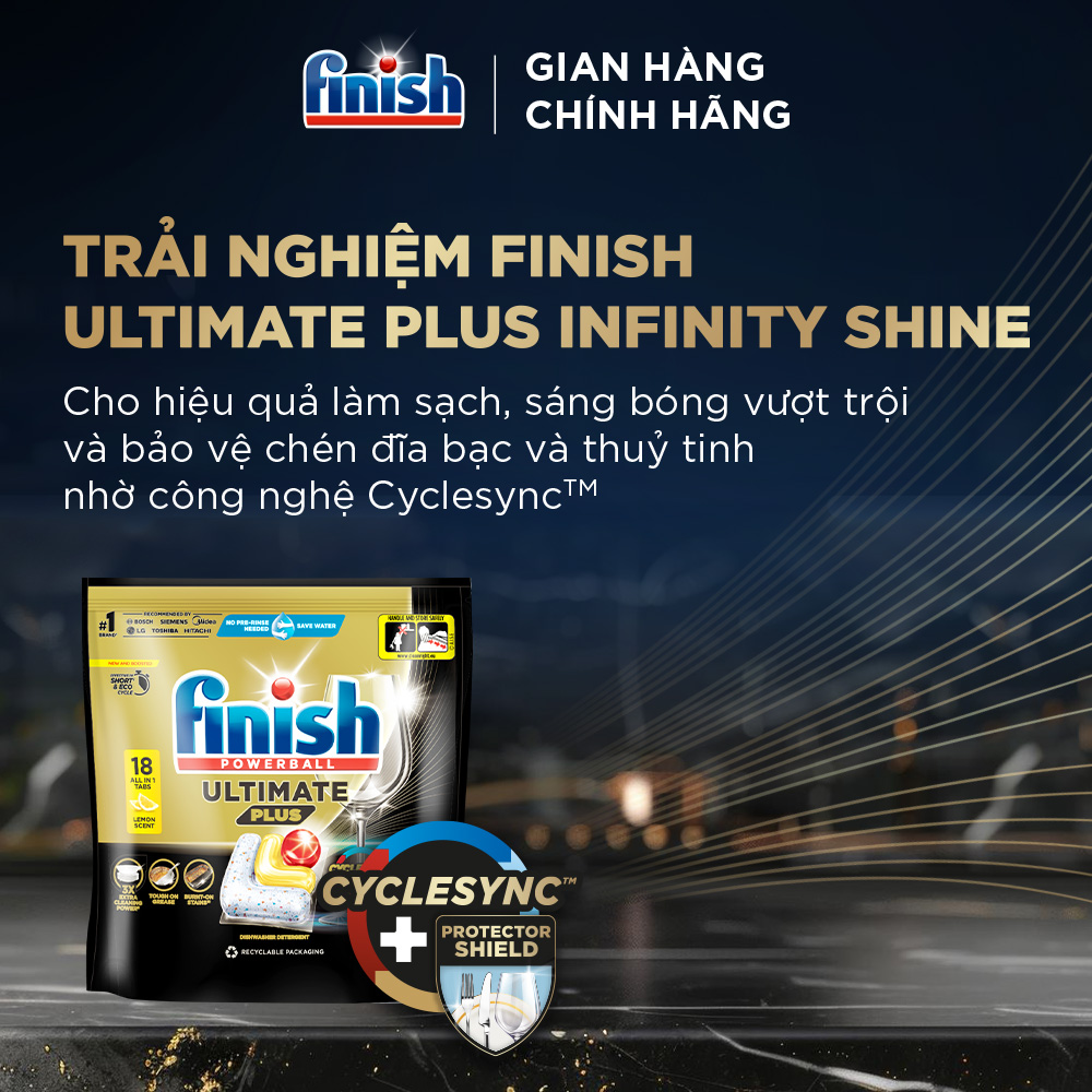 Combo 2 Viên rửa chén Finish Ultimate 18 viên + Nước làm bóng Finish 500ml + Muối rửa chén Finish 2kg