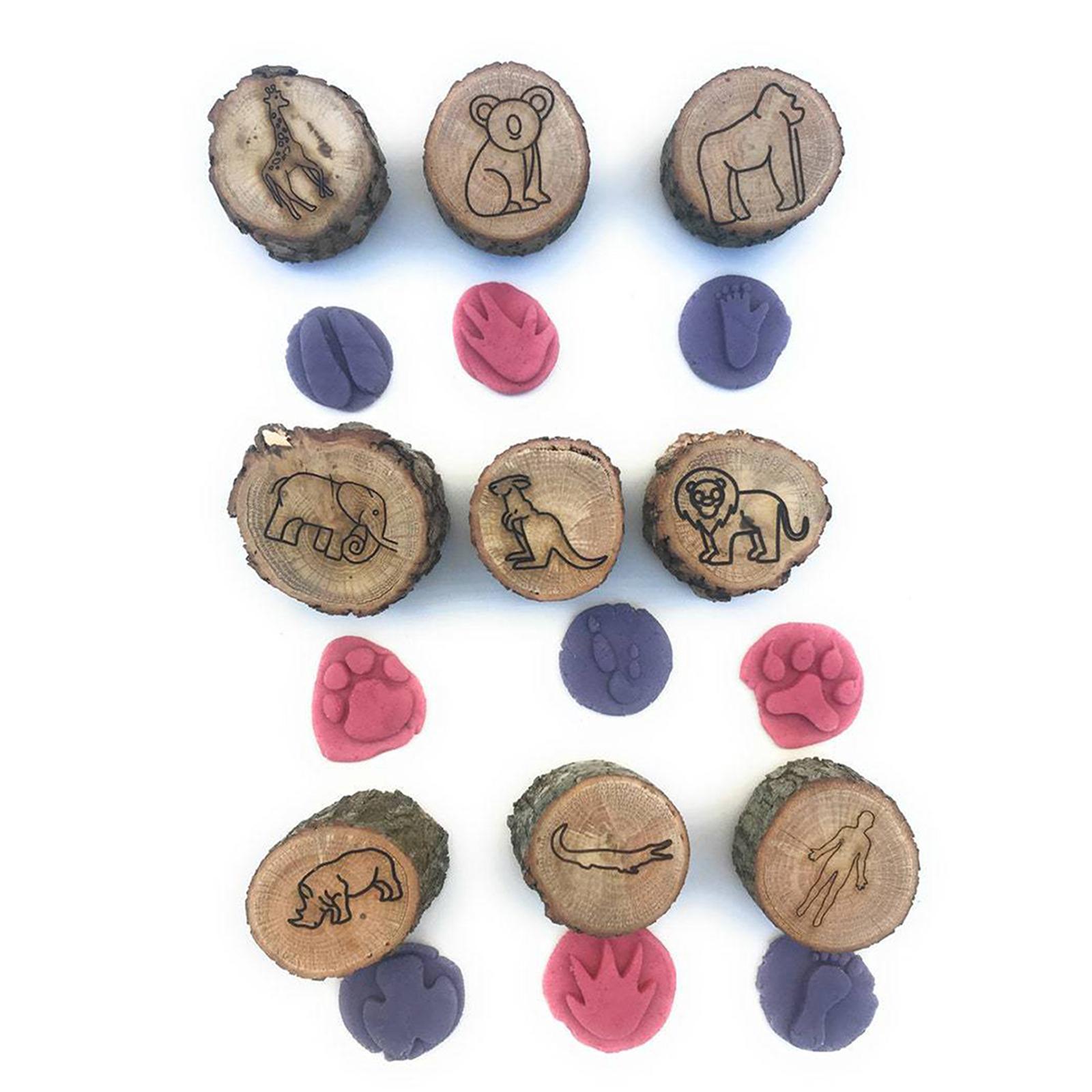 9Pcs Wooden Stamp Set Animals Foot Print Stamp Handmade Painting Animals Paw Stamp Animal Track Stamps for Clay, Planner, Teachers, Card Making