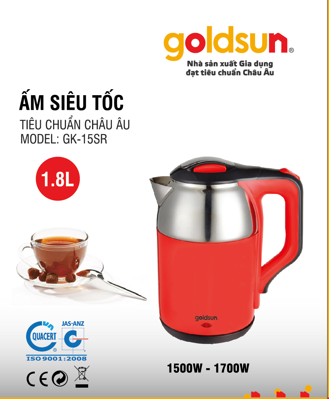 Bình Ấm Điện Siêu Tốc 2 Lớp Goldsun GK-15SR (1,8 lít) – Chính Hãng