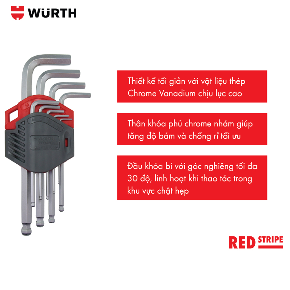 Wurth Bộ Khóa Lục Giác Chữ L 9 Chi Tiết REDSTRIPE
