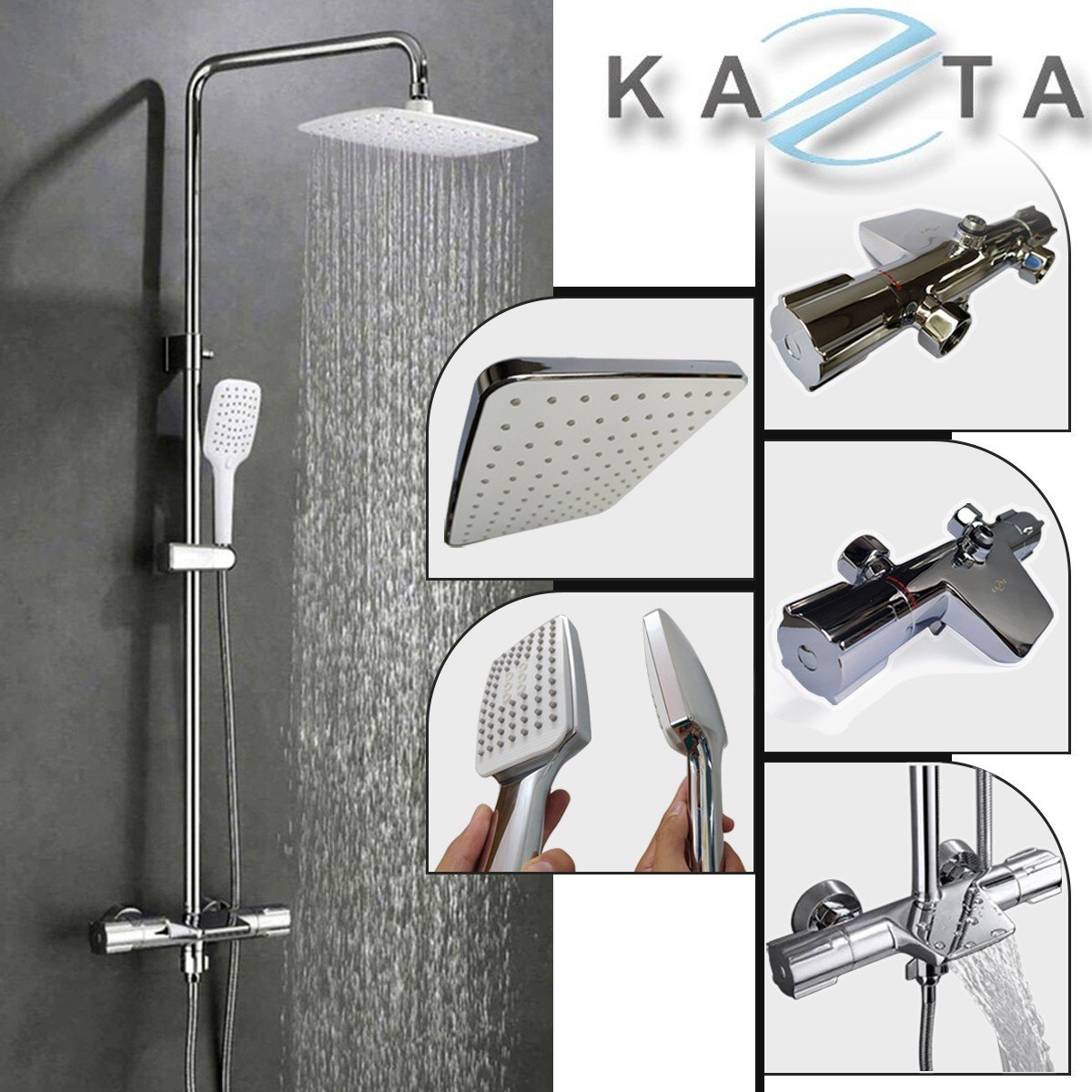 Combo Thiết Bị Nhà Tắm Cao Cấp KAZTA KZ-CBT15VĐ: Bồn Cầu 1 Khối Viền Vàng - Sen Tắm Chỉnh Nhiệt - Gương LED - Lavabo Bàn Đá 2 Tầng - Vòi và phụ kiện