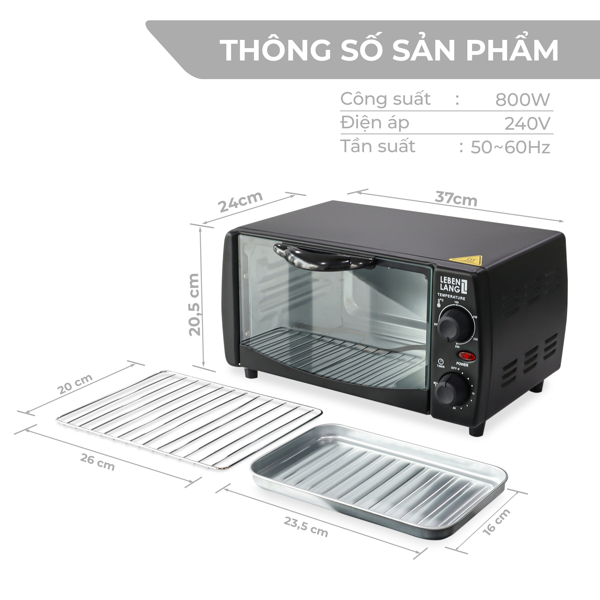 Lò nướng mini đa năng LEBENLANG, công suất 800W, dung tích 12l, LBMT8683W - hàng chính hãng