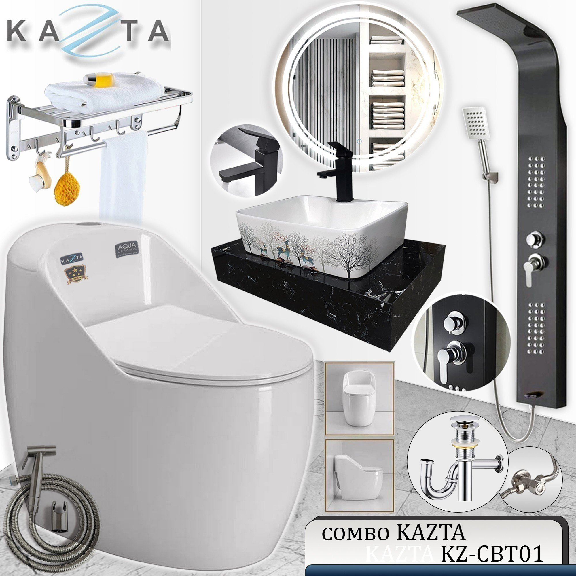 Combo Thiết Bị Nhà Tắm Cao Cấp KAZTA KZ-CBT01: Bồn Cầu Trứng Nắp Êm-Lavabo Đặt Bàn Đá-Sen Tắm Đứng Nóng Lạnh-Kèm Bộ Phụ Kiện Nhà Tắm