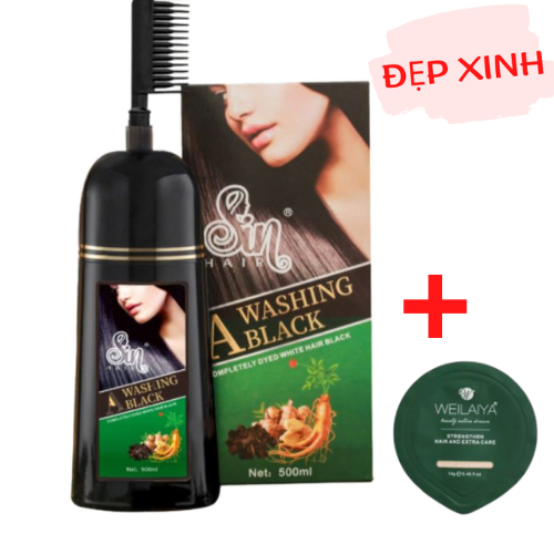 Dầu Gội Phủ Bạc Đen Tóc SIN HAIR Nhật Bản 500ml Màu Đen, Tặng Kèm Gội Mini Weilaiya Ngẫu Nhiên