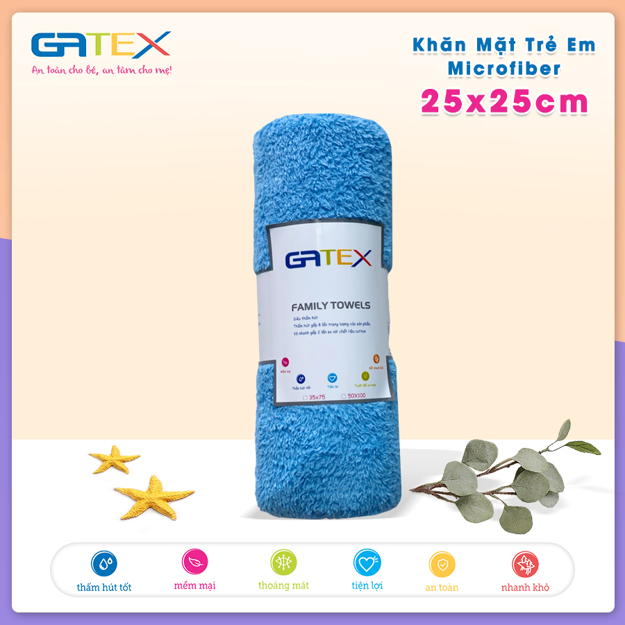 Set Combo Khăn Mặt Trẻ Em Microfiber 25x25cm GATEX Siêu Mềm Mịn, Siêu Thấm Hút