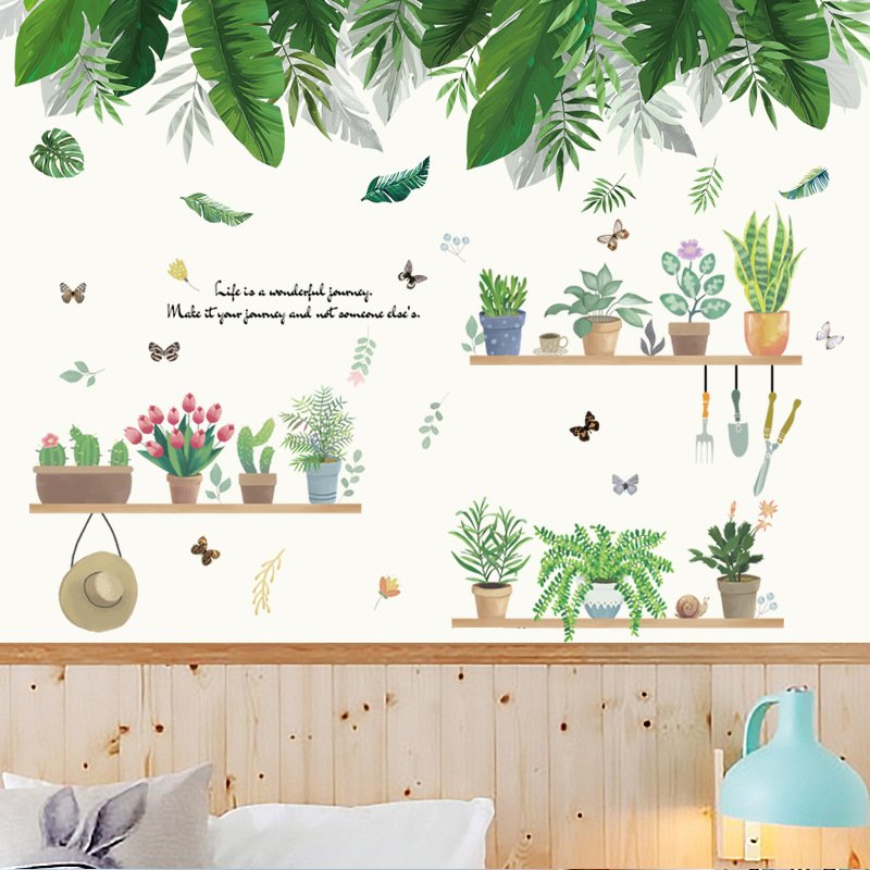 Decal dán tường chậu cây lá xanh nhiệt đới tươi mát