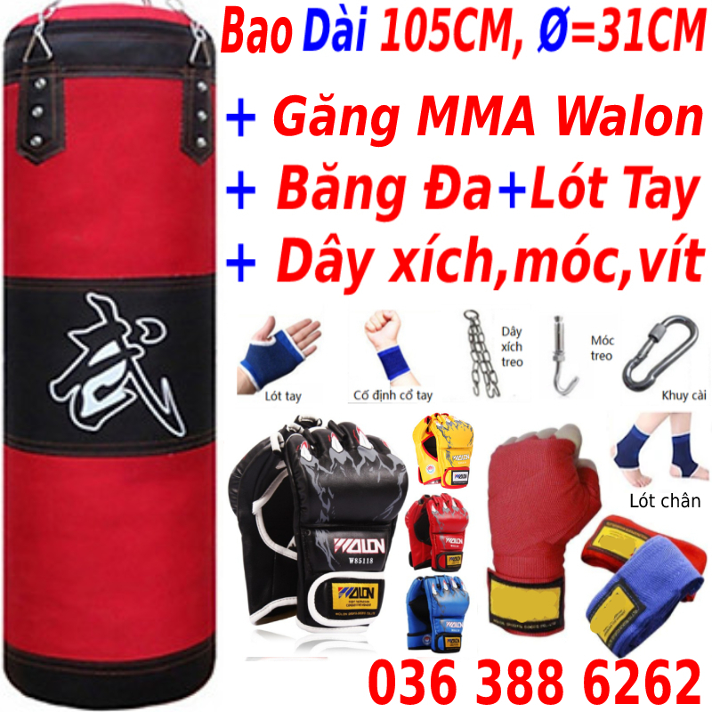 Sét vỏ bao cát đấm bốc boxing 3 lớp + găng mma hở ngón cao cấp + băng đa 5 m siêu bền - Tặng kèm dây xích + móc treo + vít nở sắt