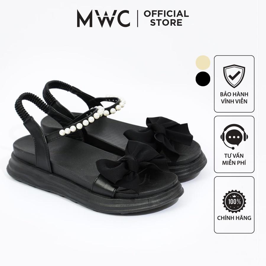 Giày sandal nữ MWC 2980 - Sandal Nữ Quai Ngang Đính Nơ Nhung Cách Điệu Phối Quai Hậu Thời Trang