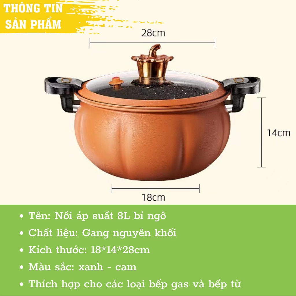 Nồi Áp Suất Bí Ngô Thông Minh Nồi Hầm 4in1 Đa Năng 8L , Hầm Gà, Cháo - Nồi Chiên, Xào, Nấu Lẩu, Nấu Cơm - Tặng Kèm Xửng Hấp - Chính Hãng MINIIN