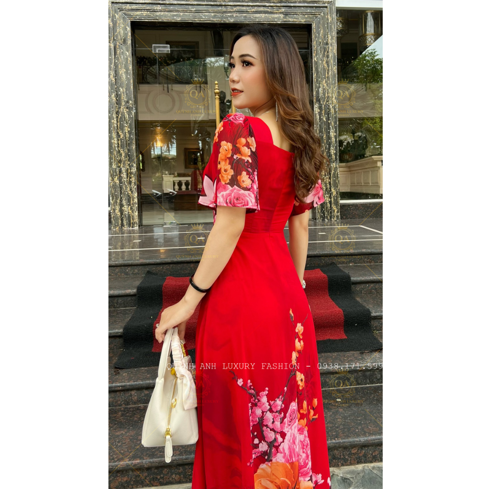 Đầm Xoè Hoa 3D Đỏ Cổ Vuông Dập Ly Tay Loe Voan Cao Cấp Sandra Dress