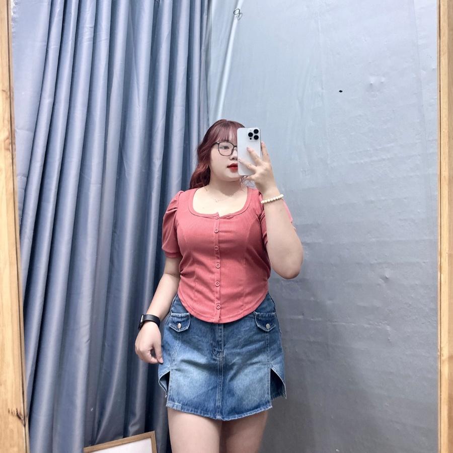 Áo thun tay ngắn cổ vuông bigsize nút kiểu bigsizeconho dáng croptop, Áo phông phom rộng chất gân tăm 58-92kg G39 - Trắng