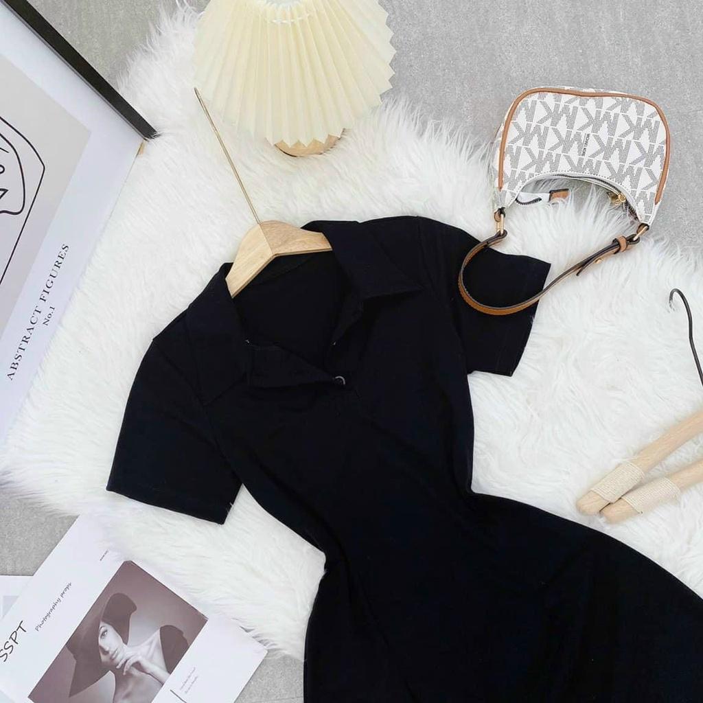 Đầm đen cổ polo ôm body xẻ dáng basic năng động