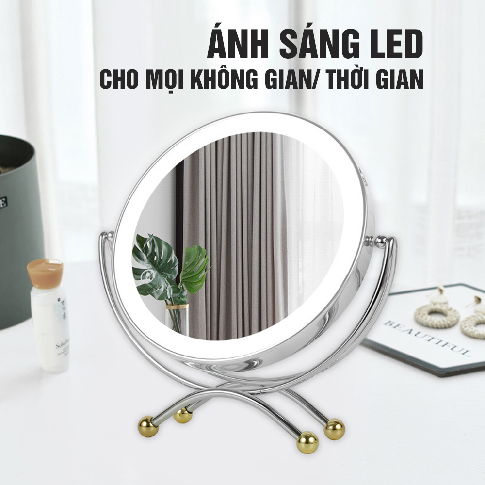 Gương trang điểm đèn LED Chân Xòe cảm ứng để bàn phóng đại 3 lần, xoay 360 độ, 2 mặt Minh House