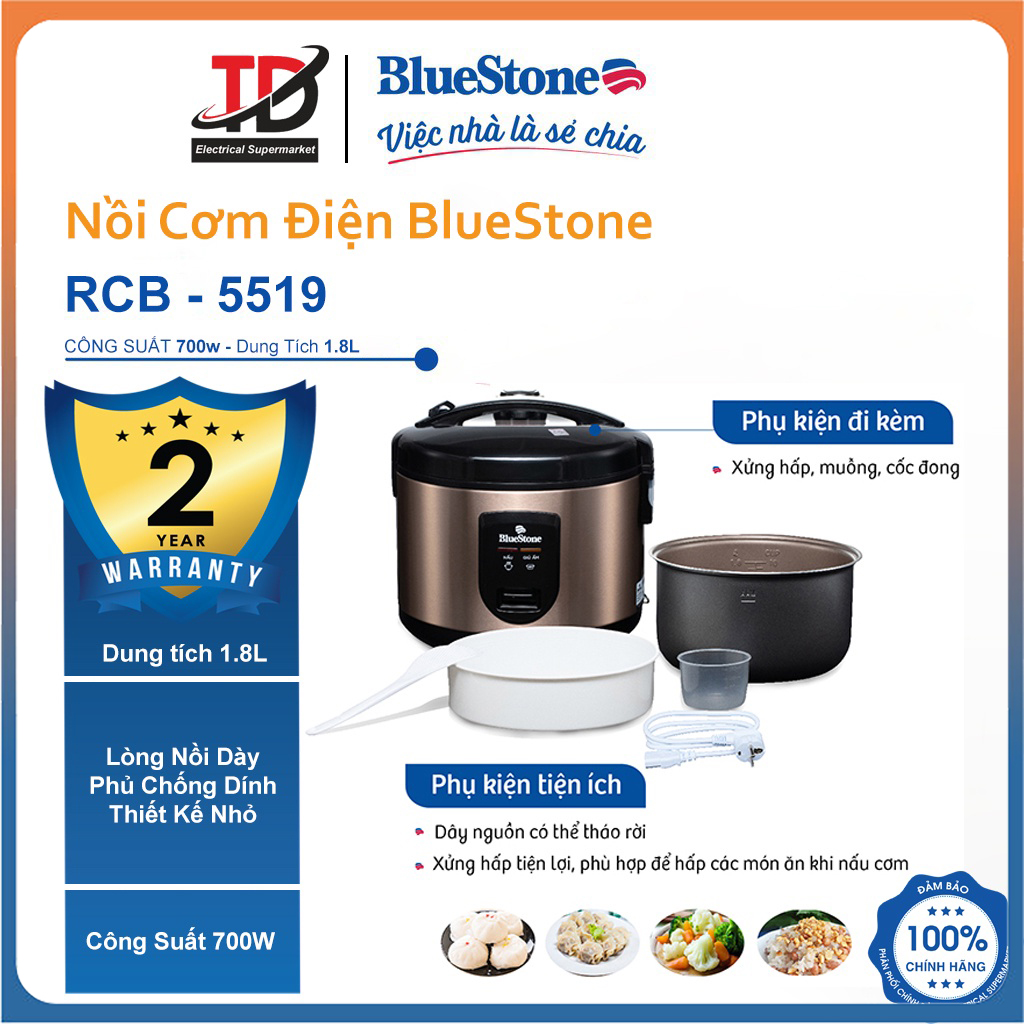 Nồi cơm điện Bluestone RCB-5519 1.8L - Bảo Hành điện tử 24 tháng - Hàng chính hãng