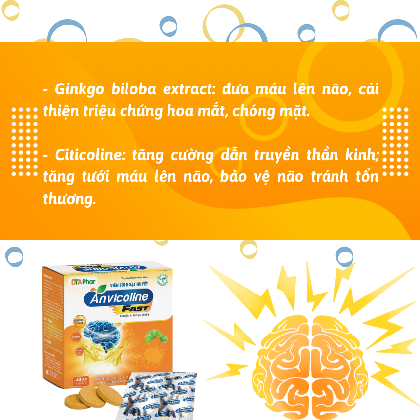 Viên sủi hoạt huyết dưỡng não ANVICOLINE FAST hiệu quả nhanh giúp cải thiện đau đầu hoa mắt chóng mặt do thiểu năng tuần hoàn máu não Hộp 20 Viên Tâm AN Pharma